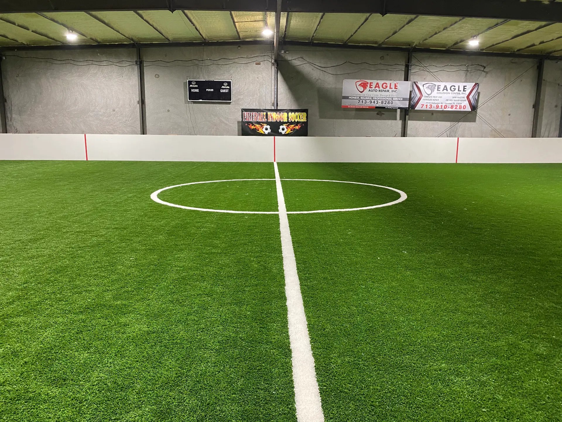 Fireball indoor soccer field with scoreboard and dasher boards