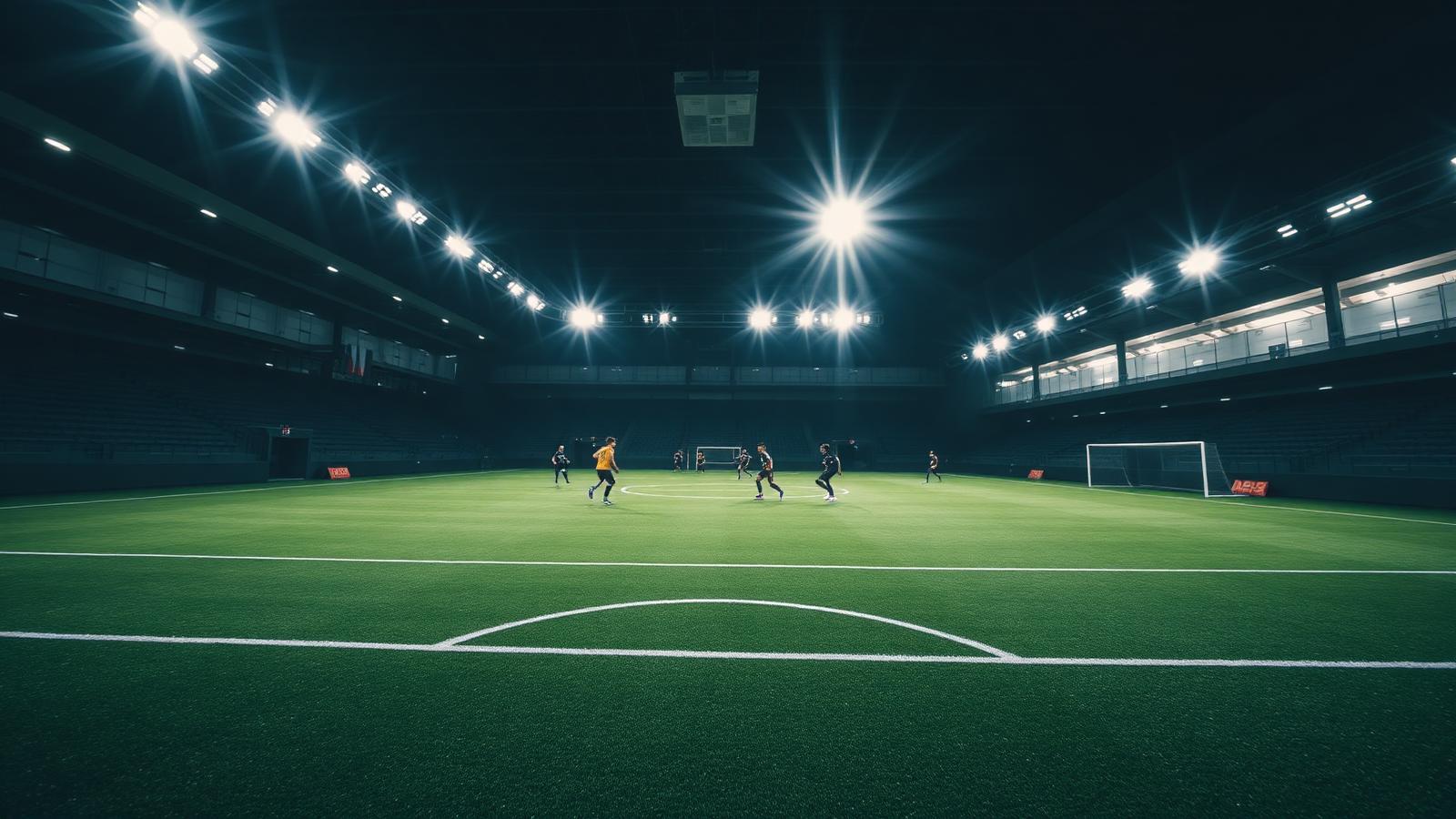 Indoor soccer arena with players under floodlights